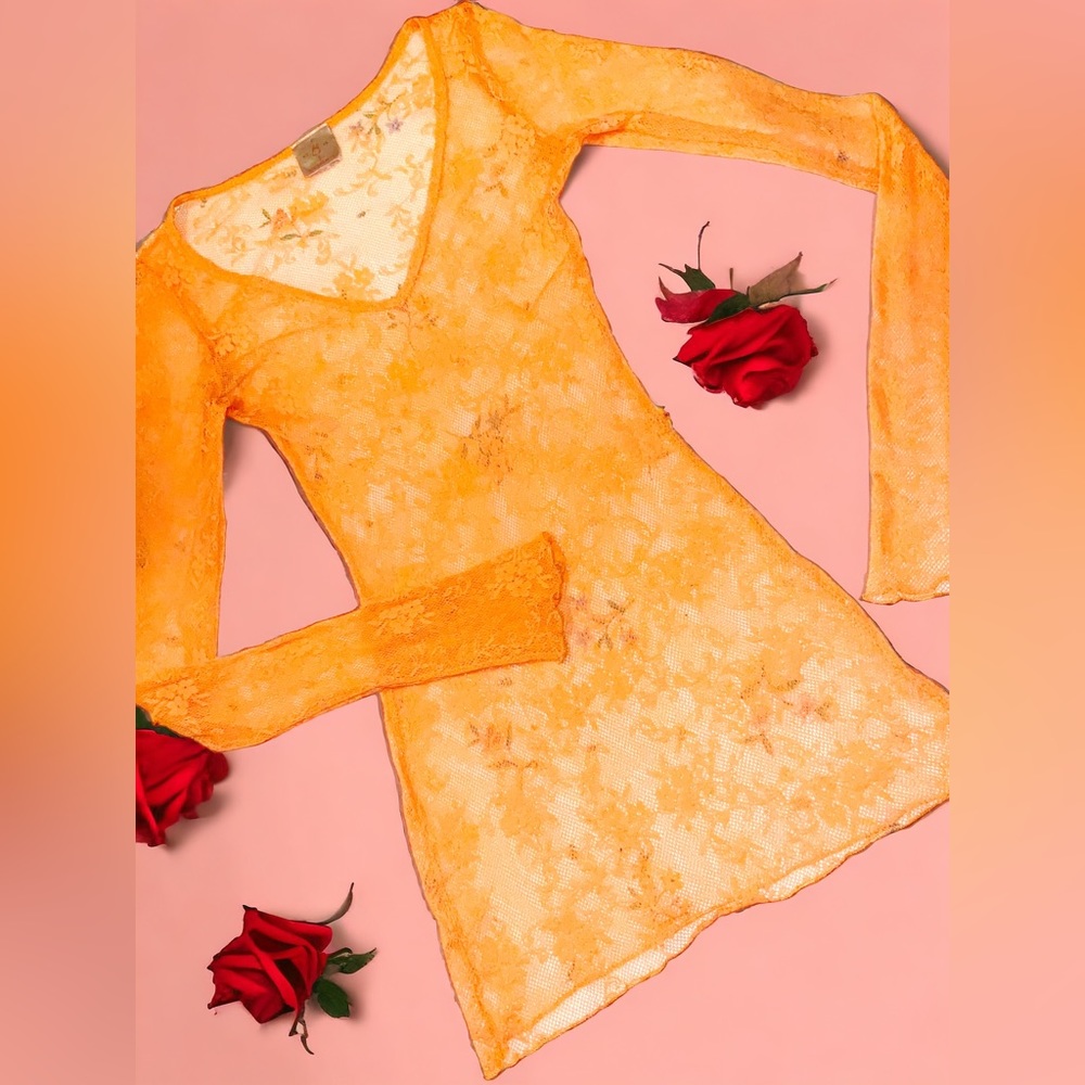 Rare, vintage orange-peach floral fishnet style top.
